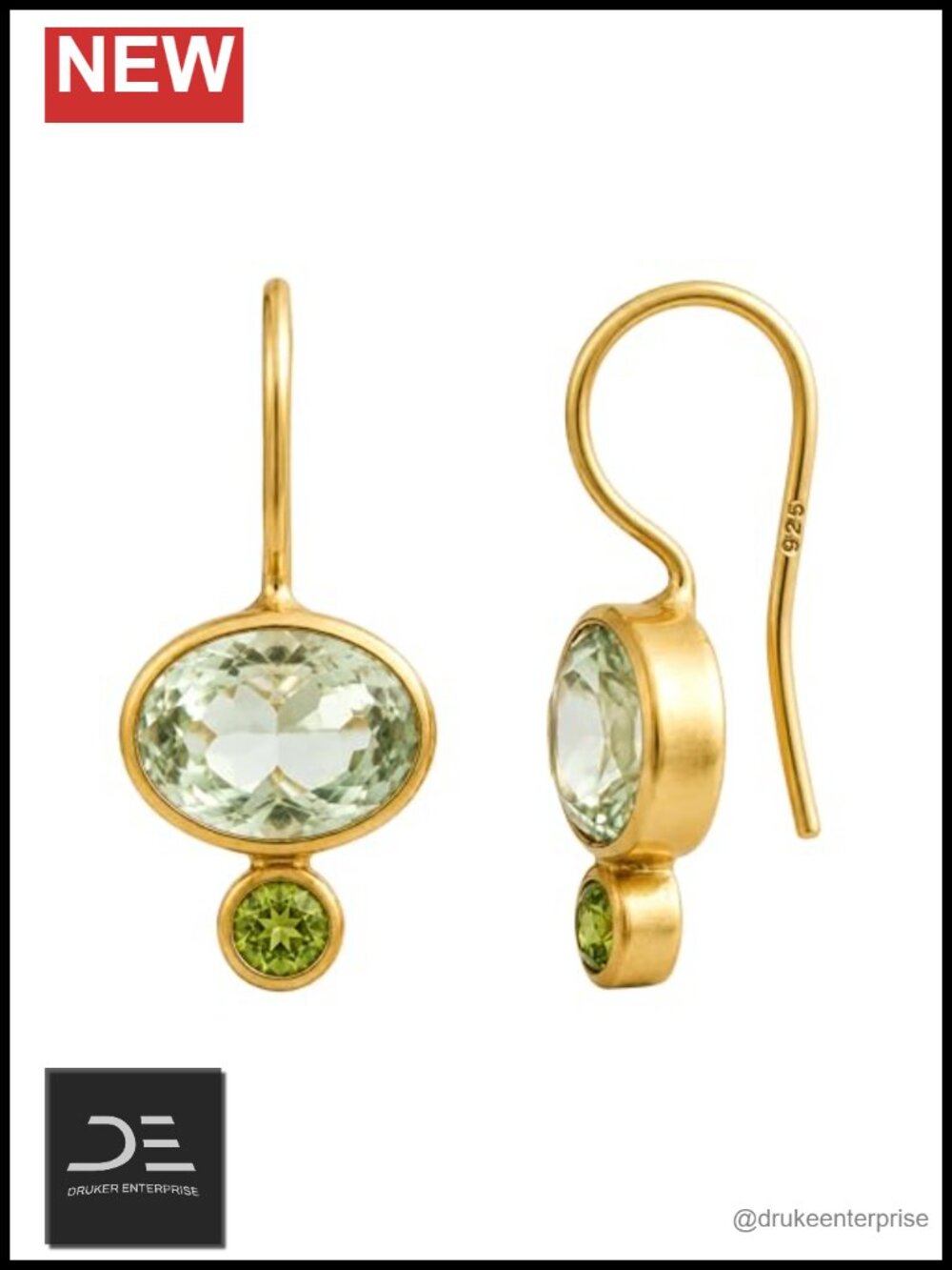 Gold Plated 925 Sterling Silver Drop Earrings with Green Amethyst & Peridot